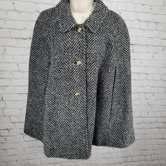 Draper James Black White Wool Blend Tweed Belted Sleeveless Cape Coat Size M/L - Picture 1 of 16